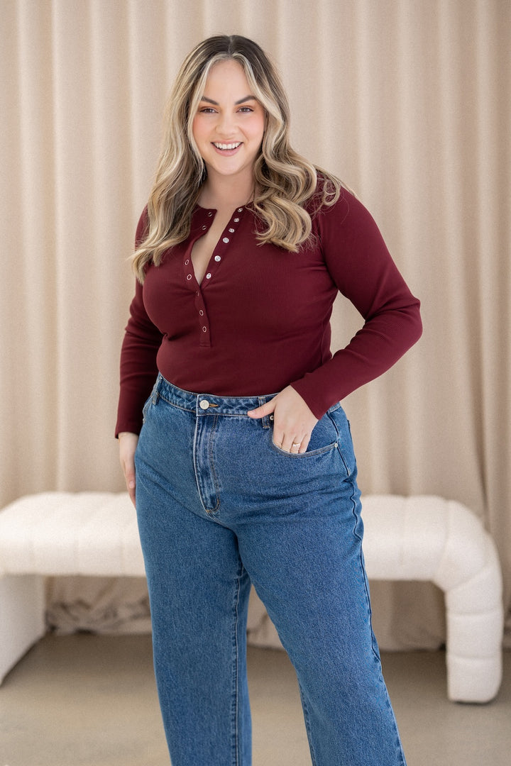 Comfort Rib Henley Long Sleeve - Cabernet