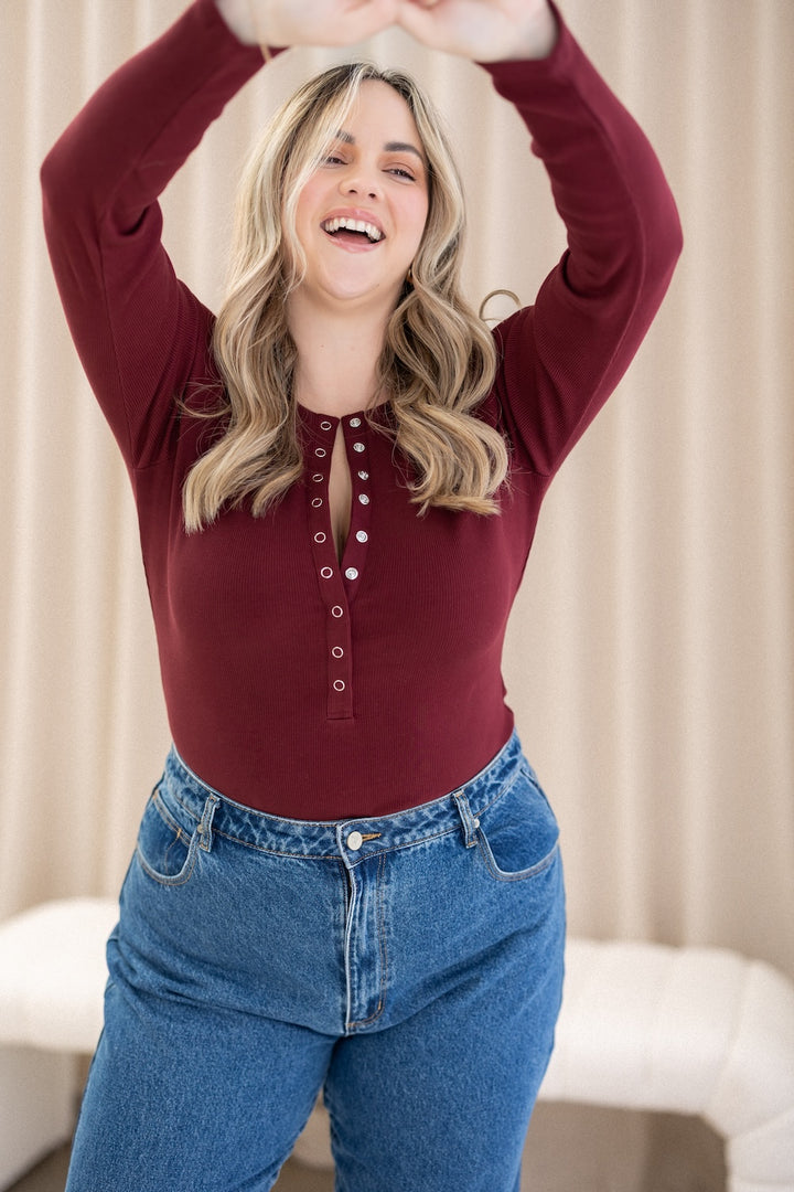 Comfort Rib Henley Long Sleeve - Cabernet