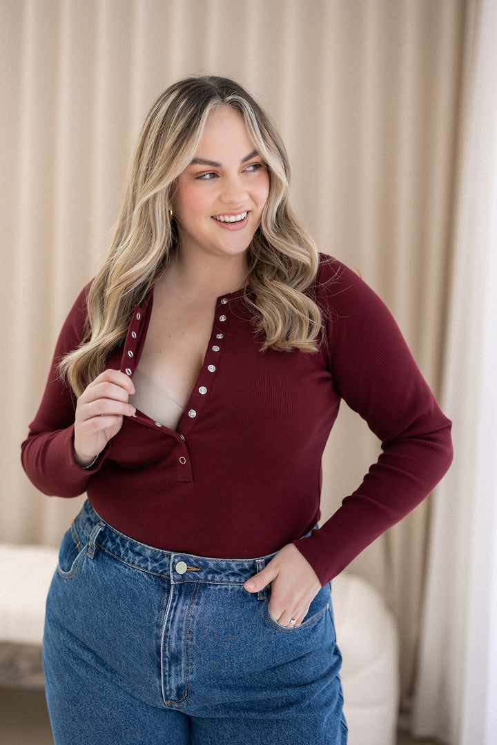 Comfort Rib Henley Long Sleeve - Cabernet