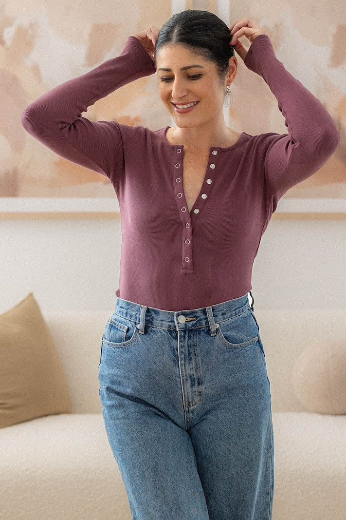 Comfort Rib Henley Long Sleeve - Amethyst