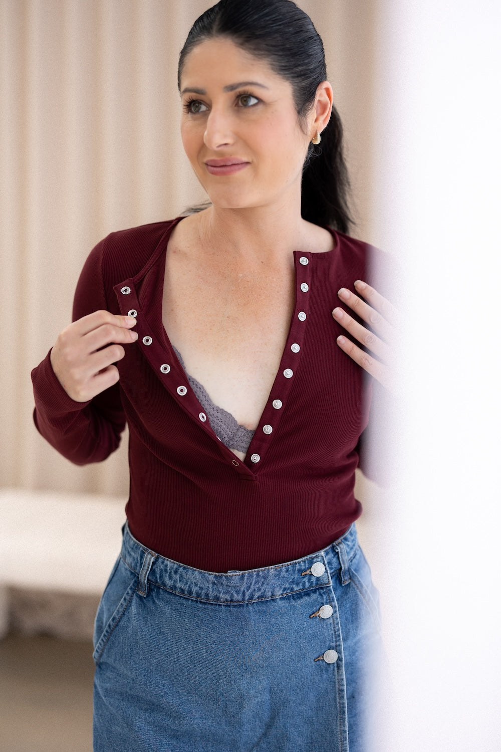Comfort Rib Henley Long Sleeve - Cabernet