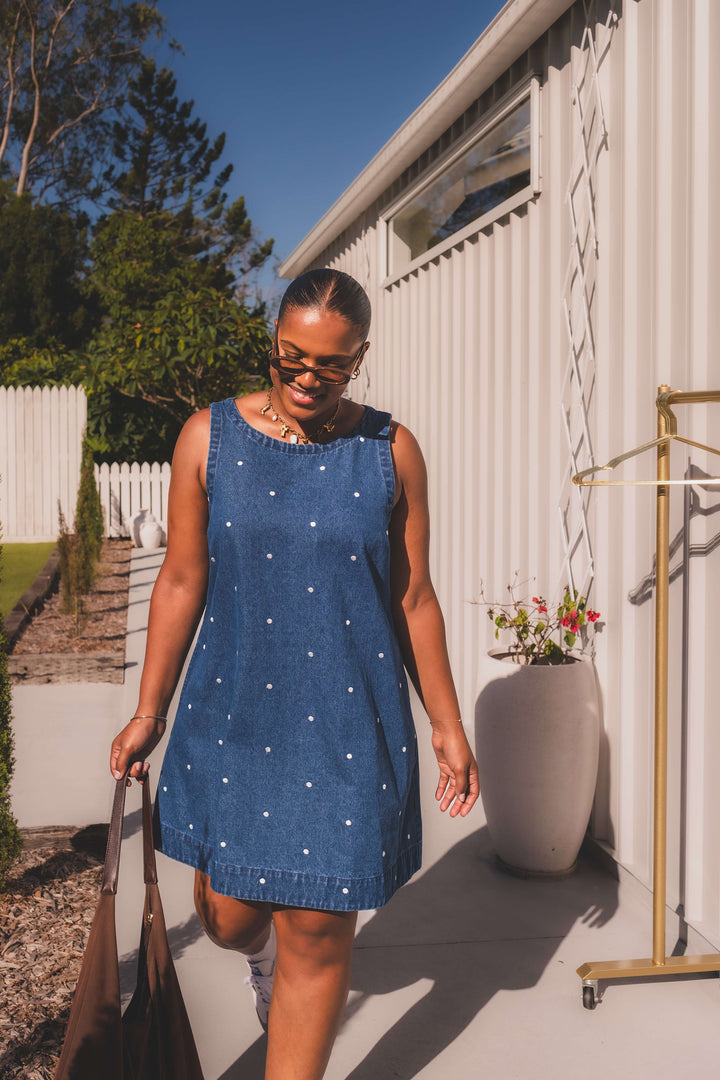 Noah Dress - Denim Polka