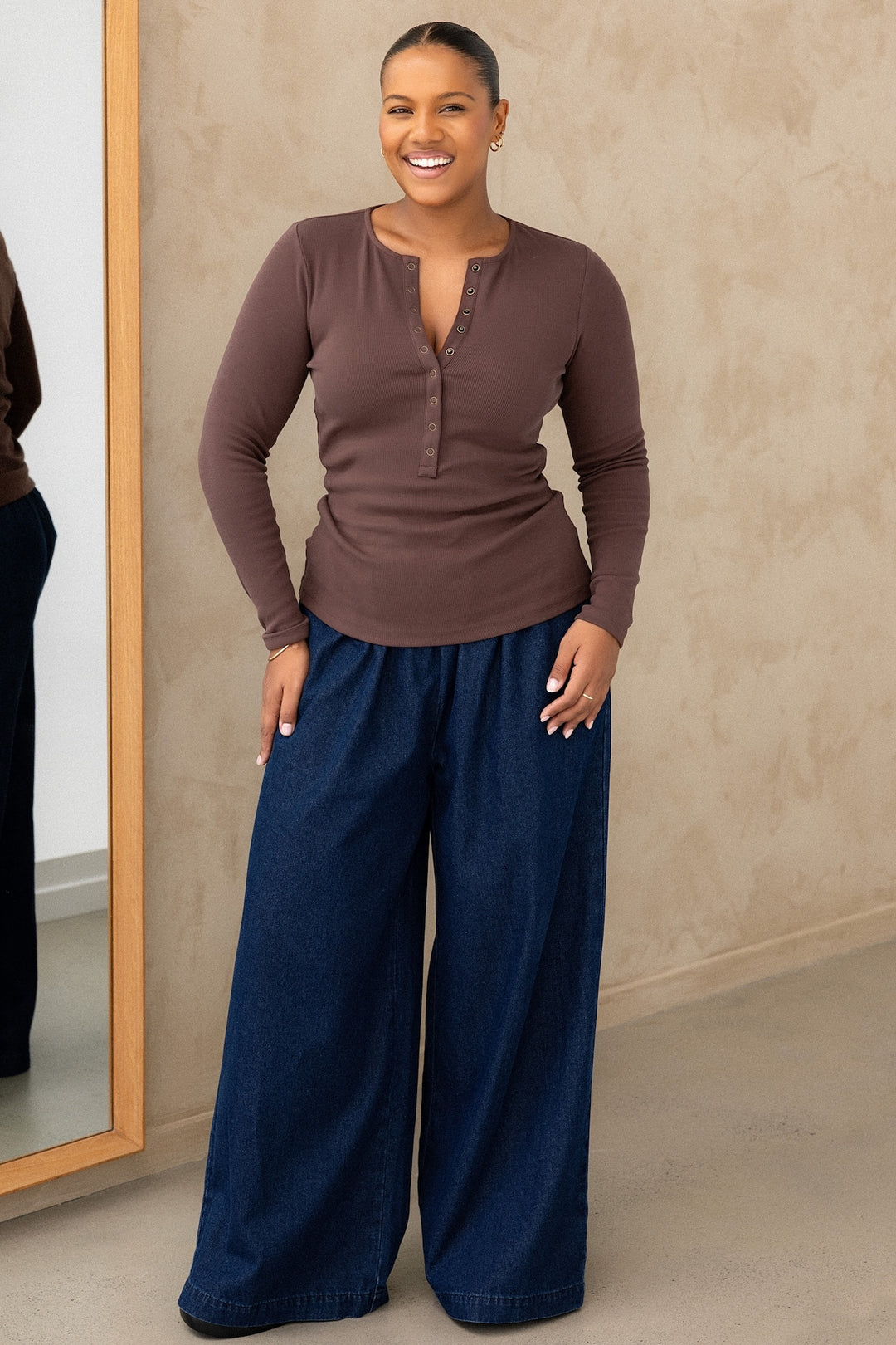 Comfort Rib Henley Long Sleeve - Truffle