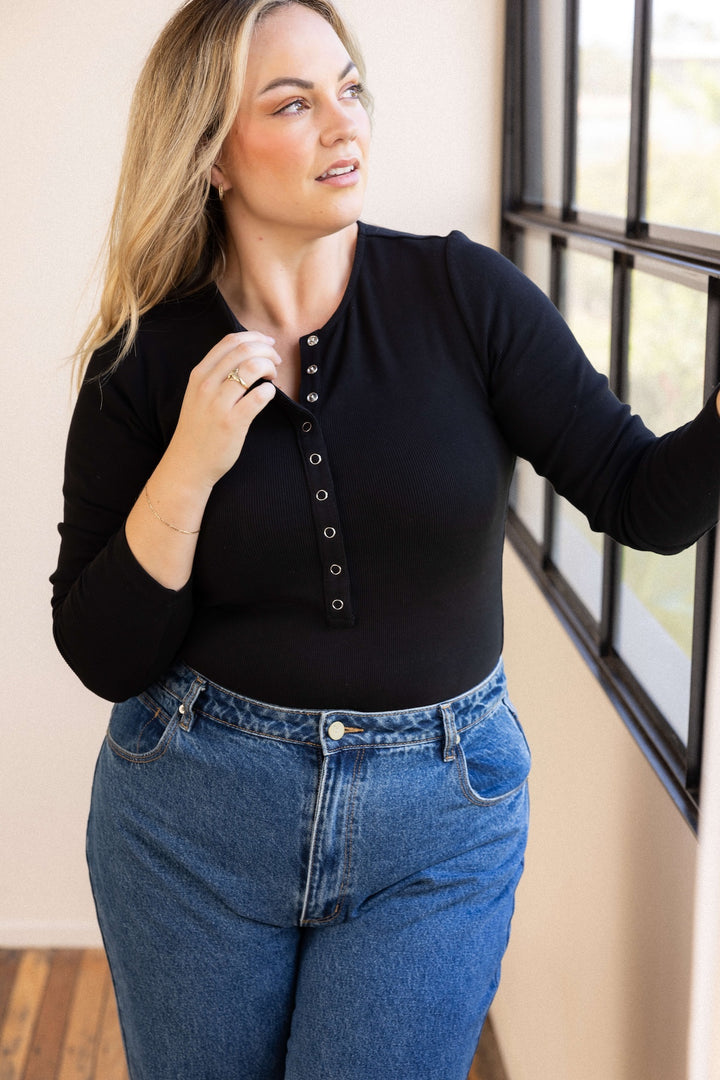 Comfort Rib Henley Long Sleeve - Black